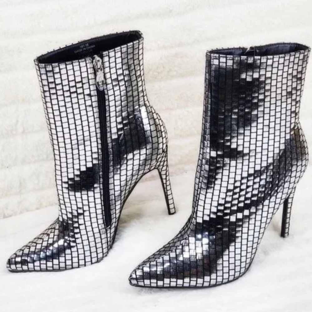 * Mack J Shiny Silver Tile Print 4.5" High Heel Ankle Boots